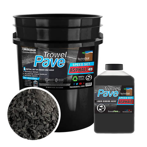 Overview of the 5 gallon 45 lb bucket of TrowelPave asphalt leveler patch showing the bucket, binder and aggregate size