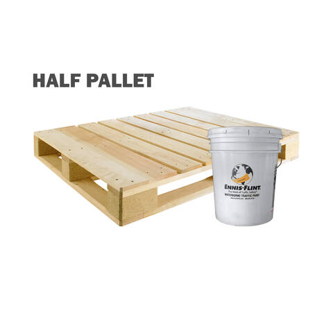 Overview showing a pallet with a single white bucket of Ennis-Flint PPG fast dry traffic paint