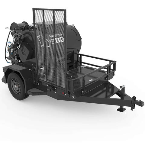 Overview image of the RynoWorx Airboss Pro 300 Gallon Sealcoat Trailer showing the front-right perspective