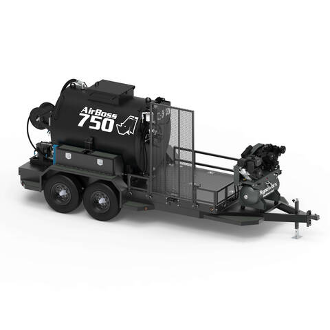 Overview image of the RynoWorx Airboss 750 Elite Sealcoat Trailer showing the front-right perspective