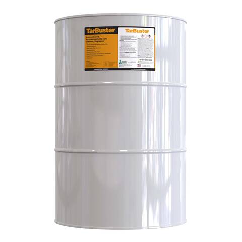 Overview image of a 55-gallon drum of TarBuster Pavement and Industrial tar cleaner