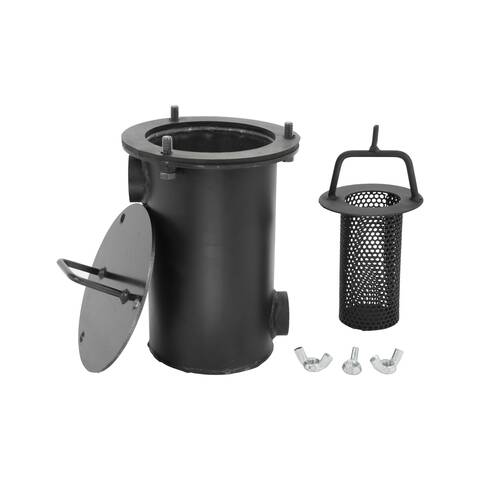 Overview of the BIG A 1.5 gallon sealcoat strainer housing, lid, wing-nuts and strainer basket