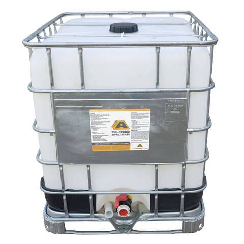 Front view of BIG-A Pro-Hybrid asphalt sealer 275-gallon container on a solid white background