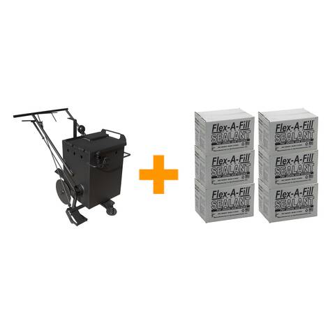 BIG A Melter + Flex-A-Fill Crack Rubber Combo image of a BIG A 10 gallon push melter and 6 boxes of Flex-A-Fill 9075R crack rubber