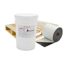 Overview of a bucket and roll of 8 inch QuikSeam representing a full pallet