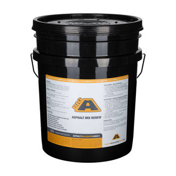 Overview showing a 5 gallon bucket of the BIG A Asphalt Mix Renew asphalt rejuvenator