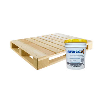 Overview of a pallet with a single bucket of Swarco paint, representing a pallet quantity of paint