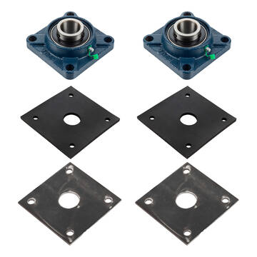 Overview showing the 1.25 inch flange bearing with gasket and mounting bracket