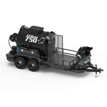 RynoWorx Airboss Elite 750 Gallon Sealcoating Trailer Overview image of the RynoWorx Airboss 750 Elite Sealcoat Trailer showing the front-right perspective