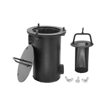 Overview of the BIG A 1.5 gallon sealcoat strainer housing, lid, wing-nuts and strainer basket